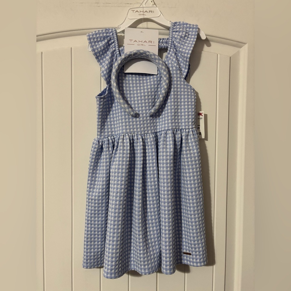 Tahari Girl Light Blue Checkered Dress with Headband